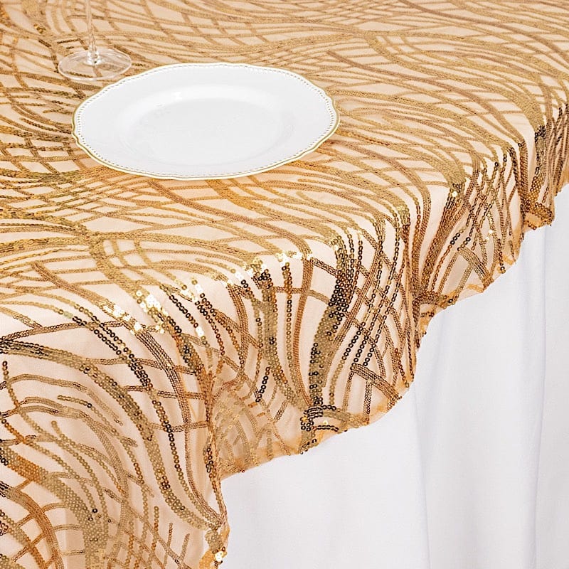 72" x 72" Tulle Square Table Overlay with Wavy Embroidered Sequins