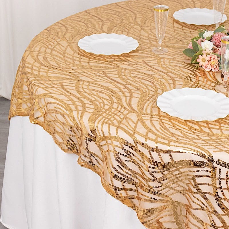 72" x 72" Tulle Square Table Overlay with Wavy Embroidered Sequins