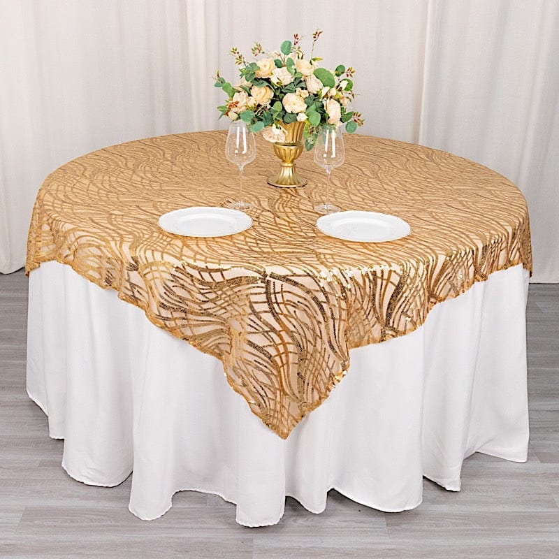 72" x 72" Tulle Square Table Overlay with Wavy Embroidered Sequins