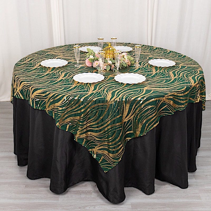 72" x 72" Tulle Square Table Overlay with Wavy Embroidered Sequins