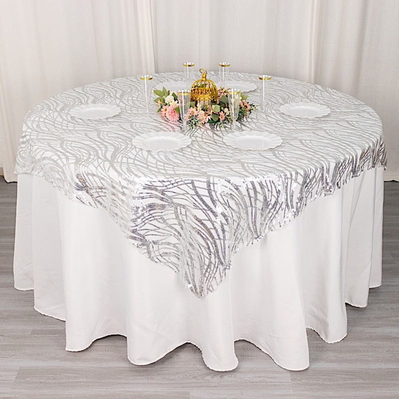72" x 72" Tulle Square Table Overlay with Wavy Embroidered Sequins