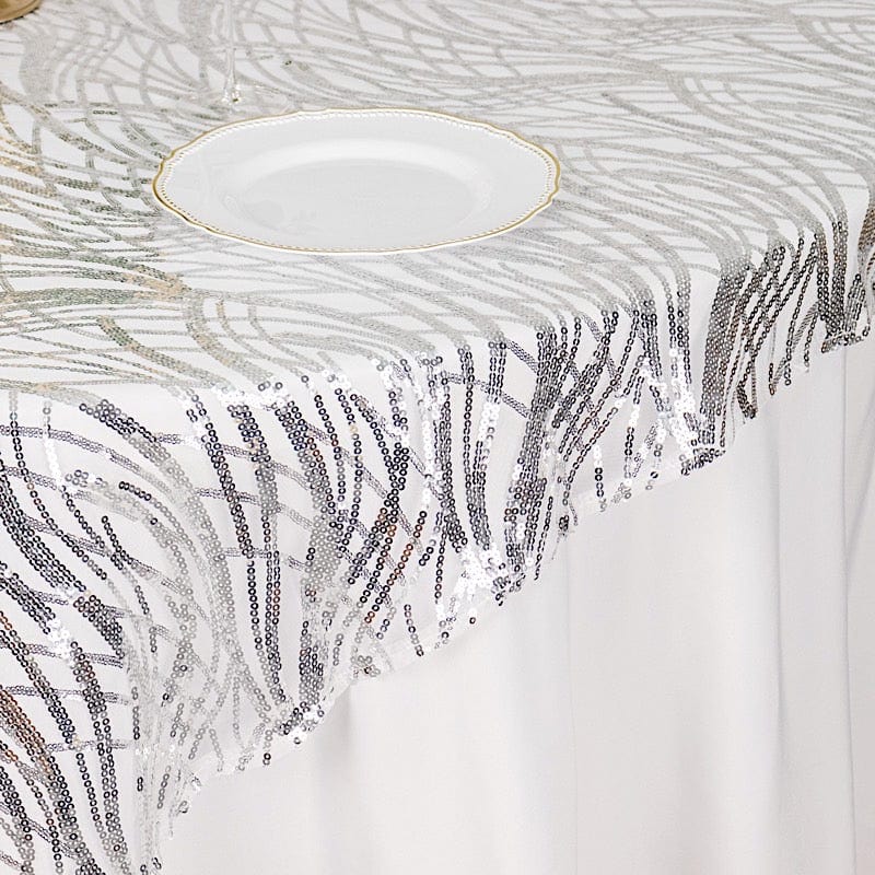 72" x 72" Tulle Square Table Overlay with Wavy Embroidered Sequins