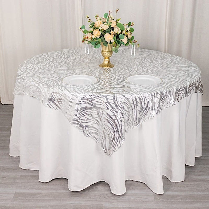 72" x 72" Tulle Square Table Overlay with Wavy Embroidered Sequins
