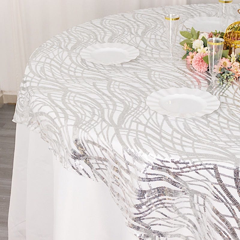 72" x 72" Tulle Square Table Overlay with Wavy Embroidered Sequins