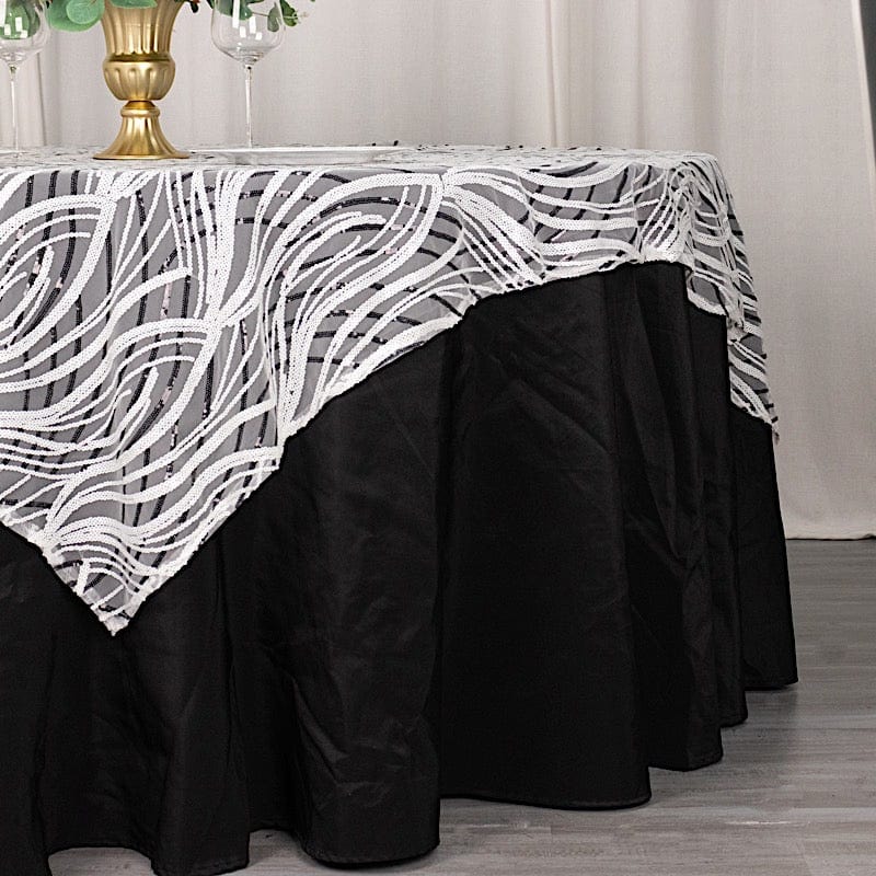 72" x 72" Tulle Square Table Overlay with Wavy Embroidered Sequins