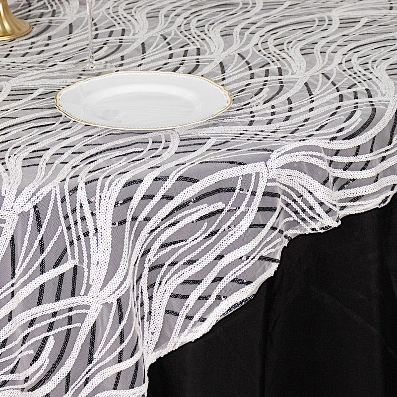 72" x 72" Tulle Square Table Overlay with Wavy Embroidered Sequins
