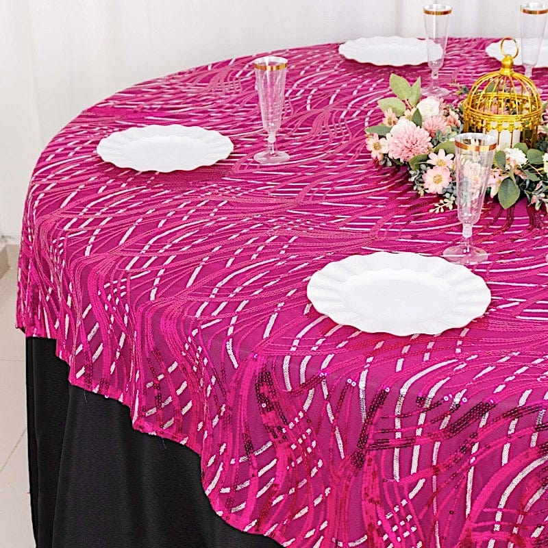 72" x 72" Tulle Square Table Overlay with Wavy Embroidered Sequins
