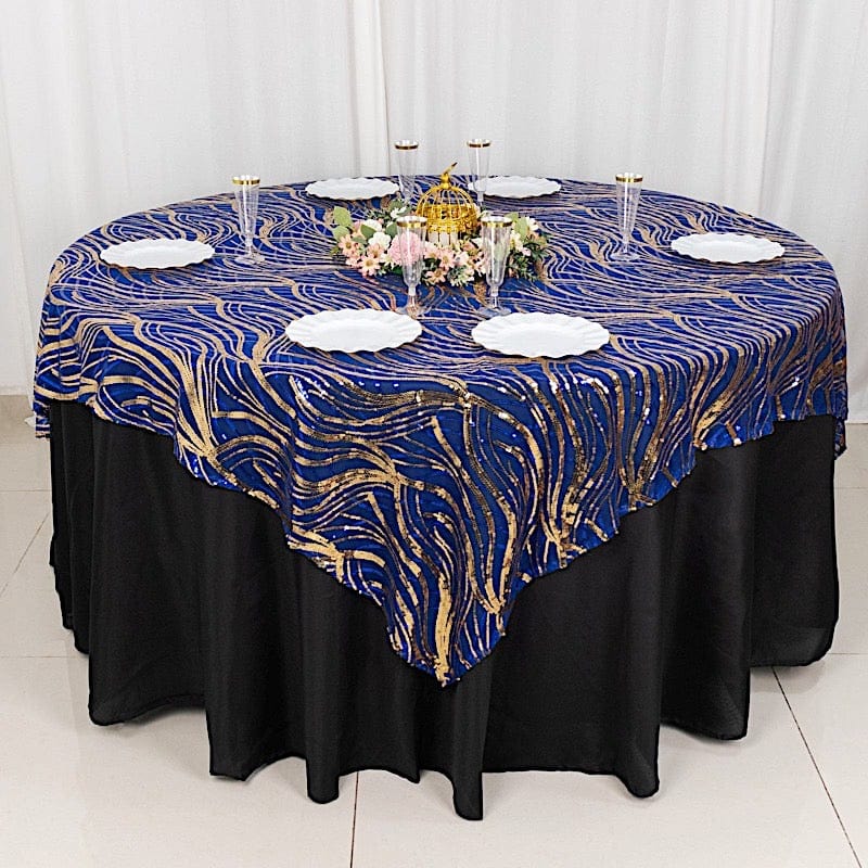 72" x 72" Tulle Square Table Overlay with Wavy Embroidered Sequins