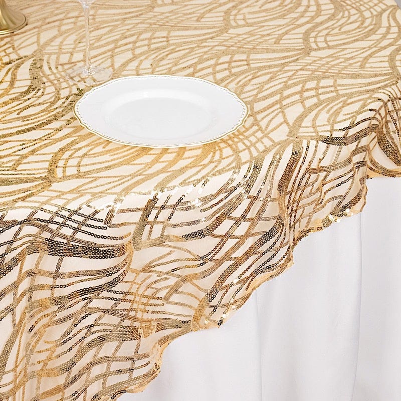 72" x 72" Wave Mesh Square Table Overlay With Embroidered Sequins