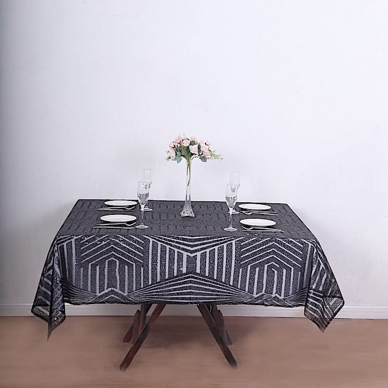 72"x72" Tulle Square Table Overlay with Sequins and Geometric Pattern