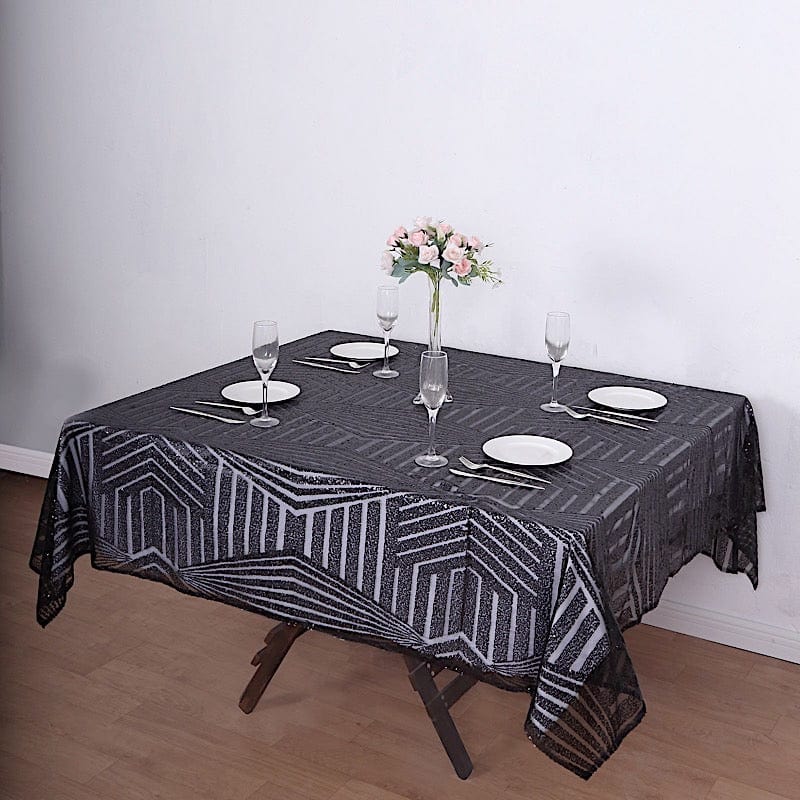 72"x72" Tulle Square Table Overlay with Sequins and Geometric Pattern