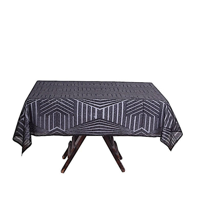 72"x72" Tulle Square Table Overlay with Sequins and Geometric Pattern LAY72_02G_BLK