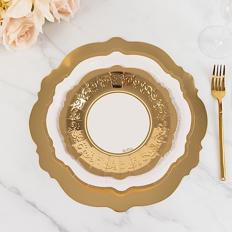 75 Heavy Duty Paper Plates with Embossed Scalloped Rim - White Gold DSP_PSET_R005_WHGD