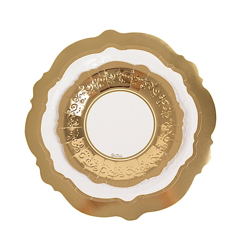 75 Heavy Duty Paper Plates with Embossed Scalloped Rim - White Gold DSP_PSET_R005_WHGD