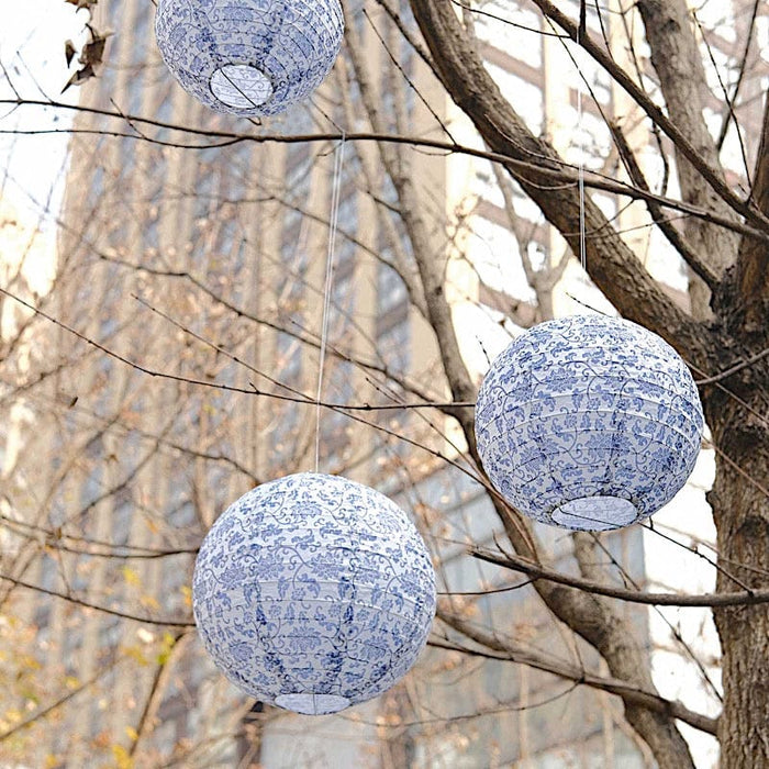 8 Chinoiserie Floral Print Hanging Paper Lanterns - White and Blue LANT_002_614_FLOR_BLUE