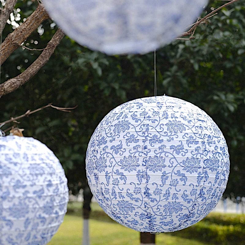 8 Chinoiserie Floral Print Hanging Paper Lanterns - White and Blue LANT_002_614_FLOR_BLUE