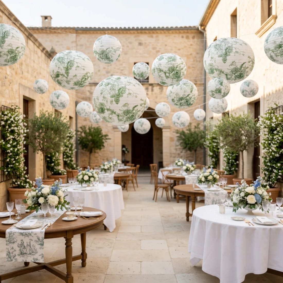 8 French Toile Floral Print Hanging Paper Lanterns