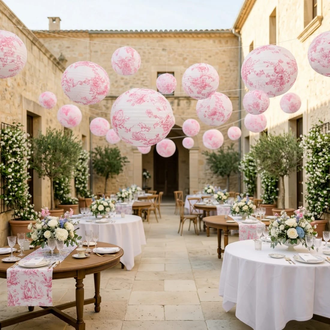 8 French Toile Floral Print Hanging Paper Lanterns