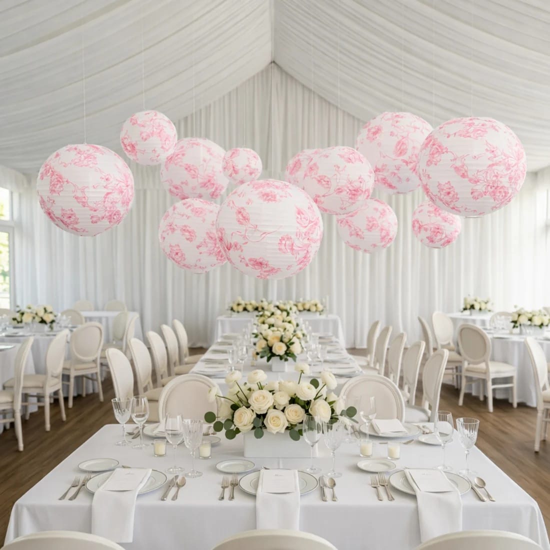 8 French Toile Floral Print Hanging Paper Lanterns