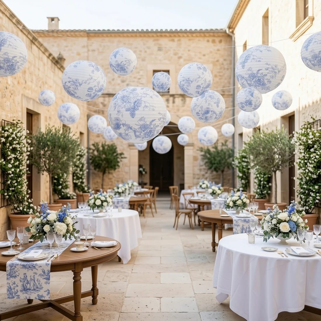 8 French Toile Floral Print Hanging Paper Lanterns