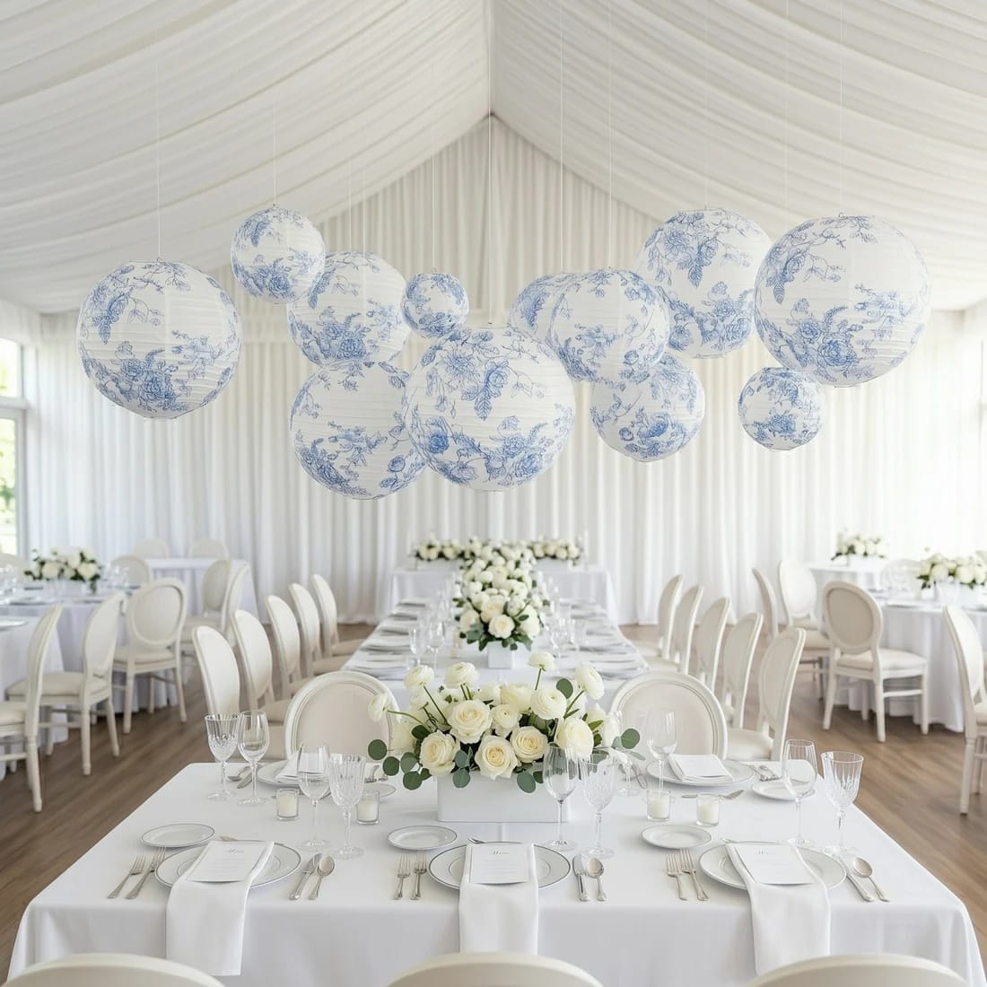 8 French Toile Floral Print Hanging Paper Lanterns