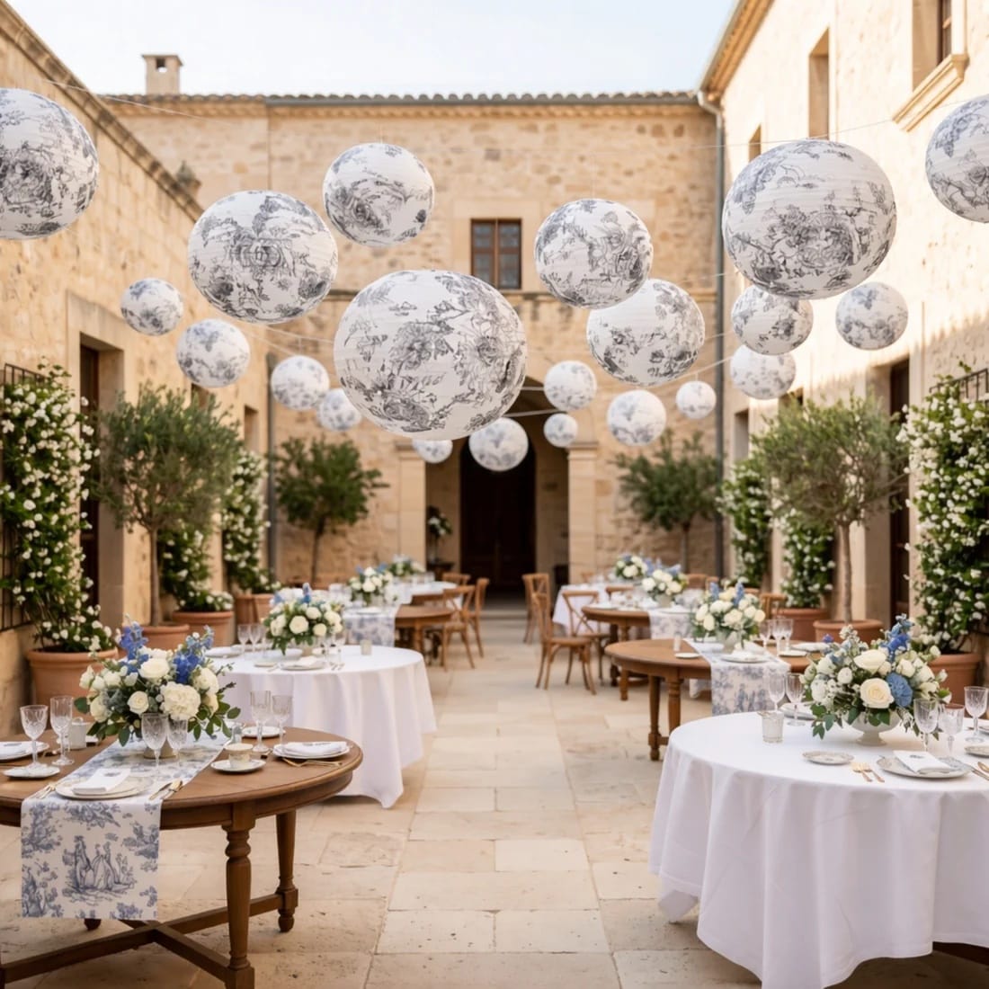 8 French Toile Floral Print Hanging Paper Lanterns