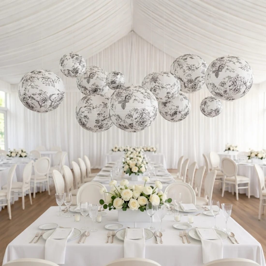 8 French Toile Floral Print Hanging Paper Lanterns