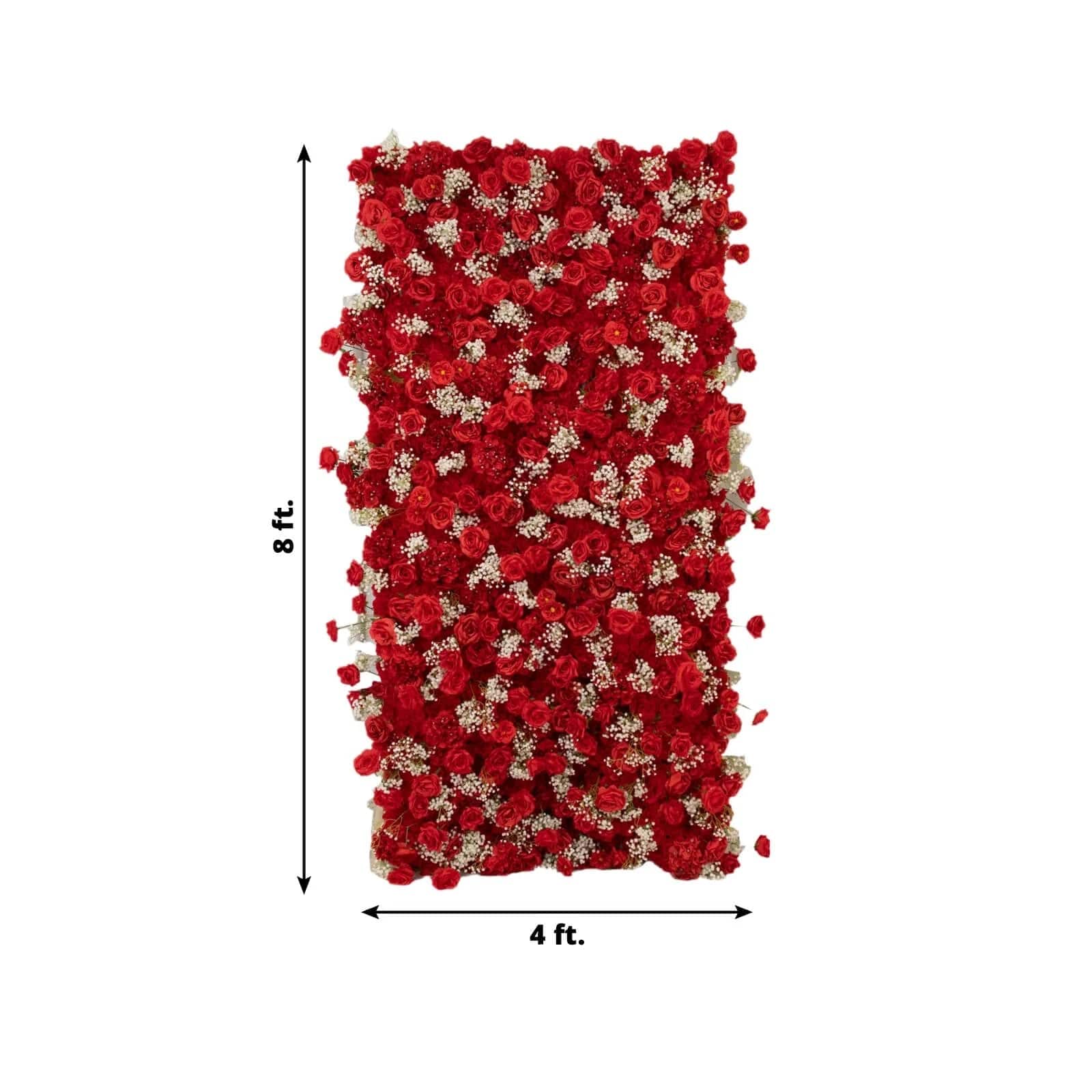 8 ft x 4 ft Roll Up Silk Roses and Baby's Breath Artificial Flower Wall Backdrop