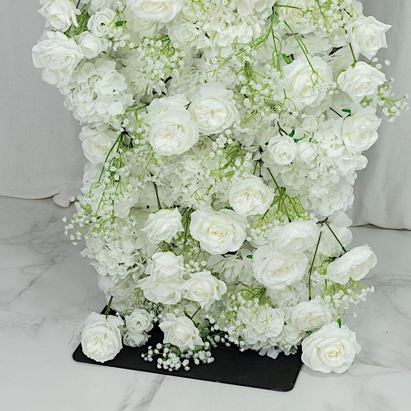 8 ft x 8 ft Roll Up Silk Roses and Baby's Breath Artificial Flower Wall Backdrop - White ARTI_BKDP_ARCH_RS03_8X8_WHT
