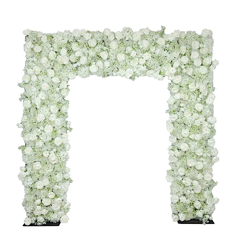 8 ft x 8 ft Roll Up Silk Roses and Baby's Breath Artificial Flower Wall Backdrop - White ARTI_BKDP_ARCH_RS03_8X8_WHT