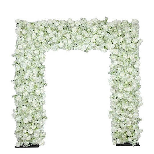 8 ft x 8 ft Roll Up Silk Roses and Baby's Breath Artificial Flower Wall Backdrop - White ARTI_BKDP_ARCH_RS03_8X8_WHT