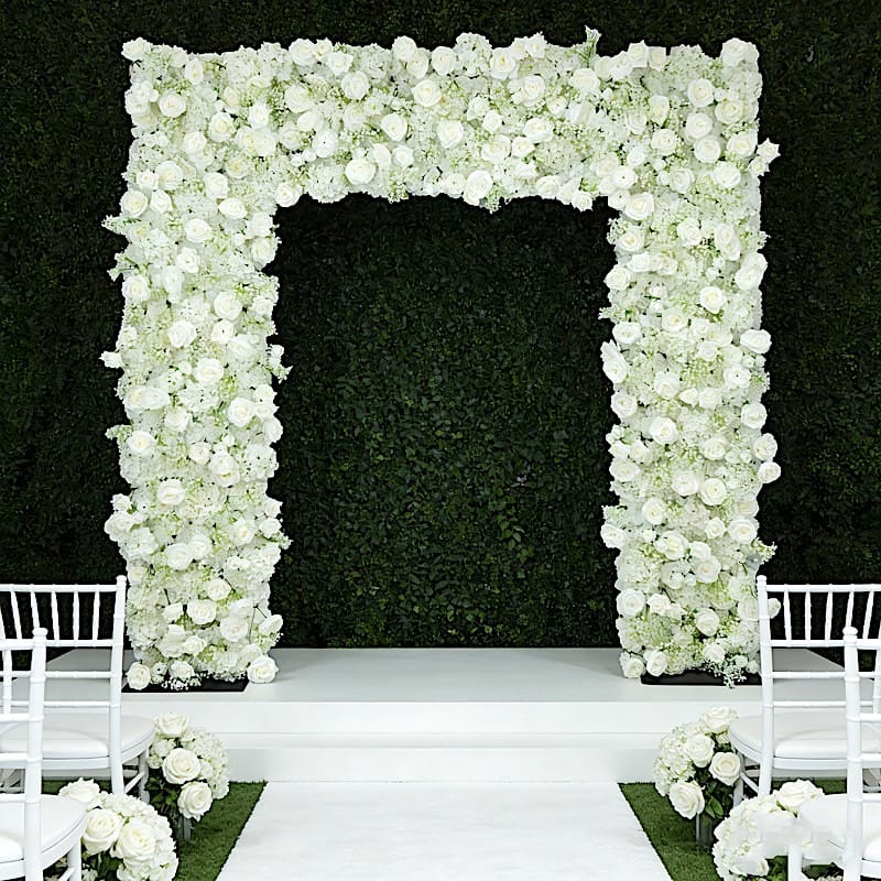 8 ft x 8 ft Roll Up Silk Roses and Baby's Breath Artificial Flower Wall Backdrop - White ARTI_BKDP_ARCH_RS03_8X8_WHT