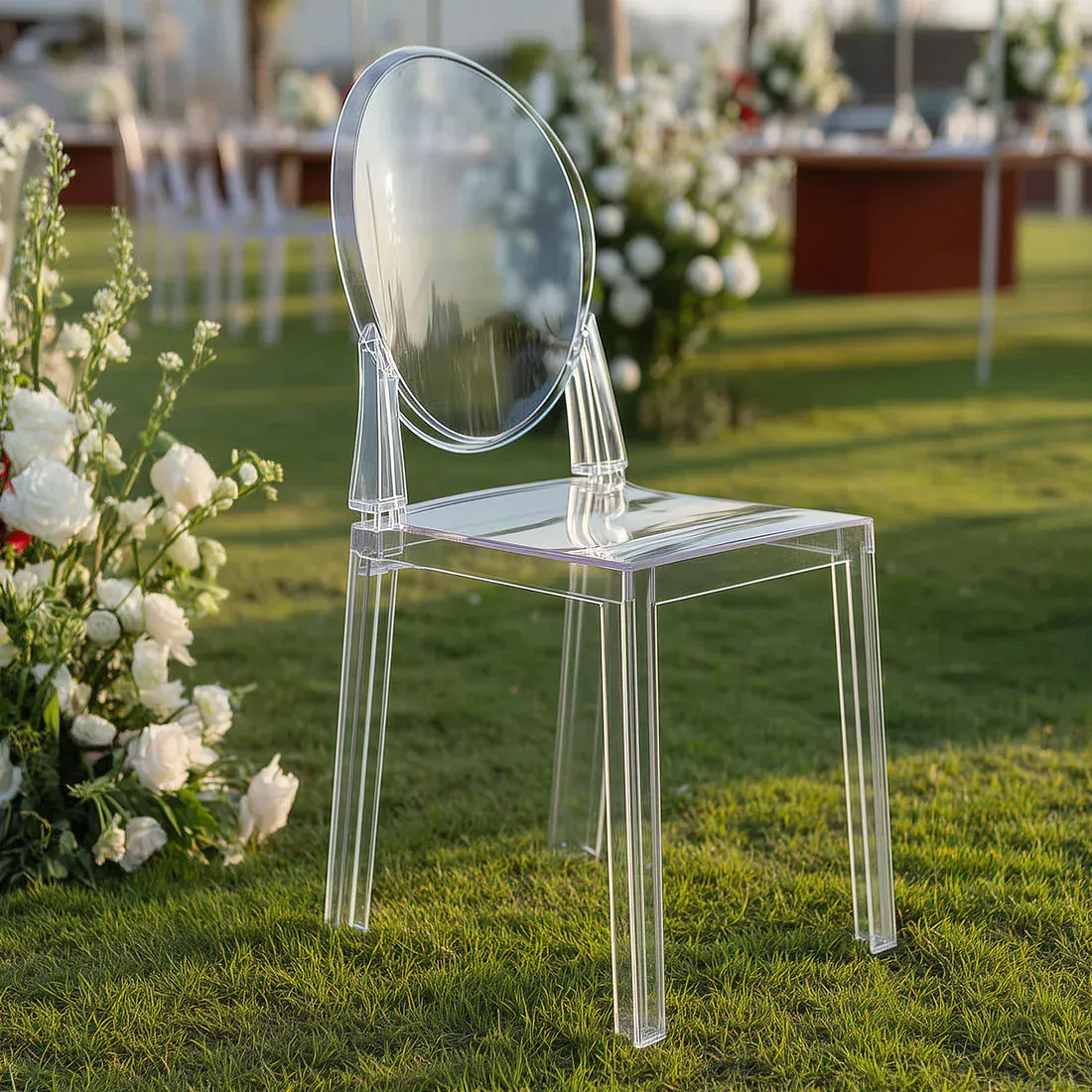 8 pack 36" tall Acrylic Banquet Ghost Chairs with Oval Back - Clear FURN_BANQ02_CLR_PK8