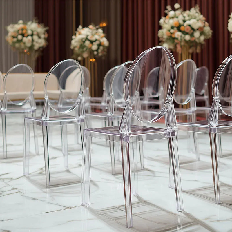 8 pack 36" tall Acrylic Banquet Ghost Chairs with Oval Back - Clear FURN_BANQ02_CLR_PK8