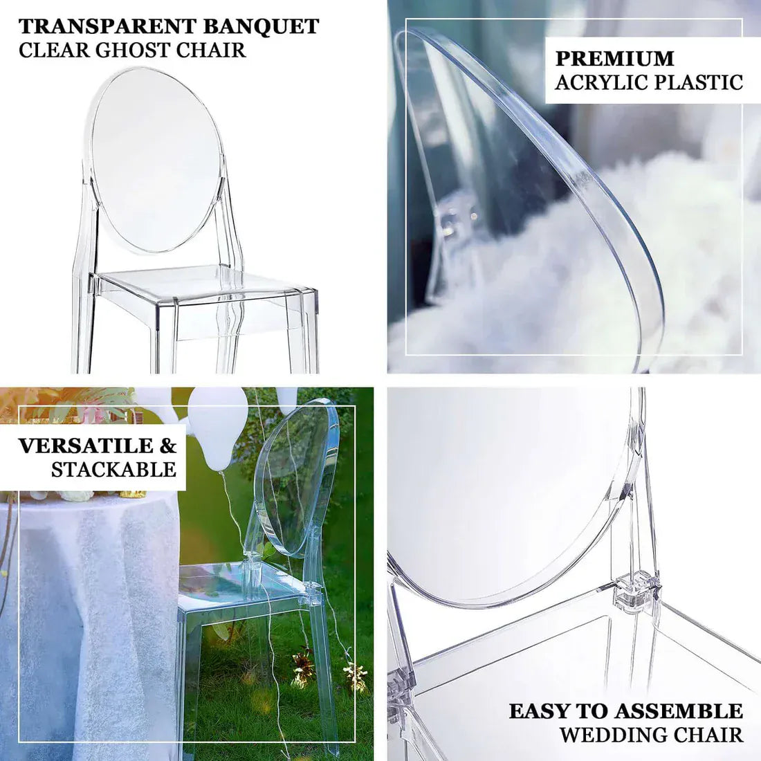 8 pack 36" tall Acrylic Banquet Ghost Chairs with Oval Back - Clear FURN_BANQ02_CLR_PK8