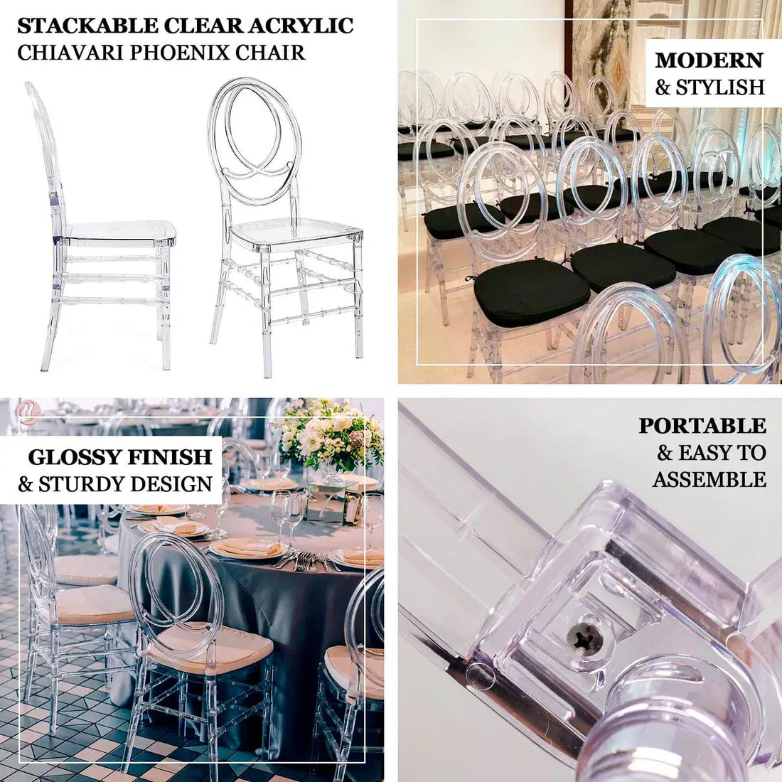 8 pack Stackable Transparent Acrylic Chiavari Chair Armless with Oval Back - Clear FURN_CHIV03_CLR_PK8