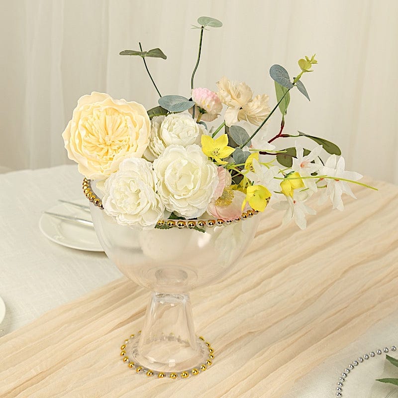 8" Pedestal Bowl Glass Flower Vase with Gold Beaded Rim - Clear VASE_PB4239_8_CLGD