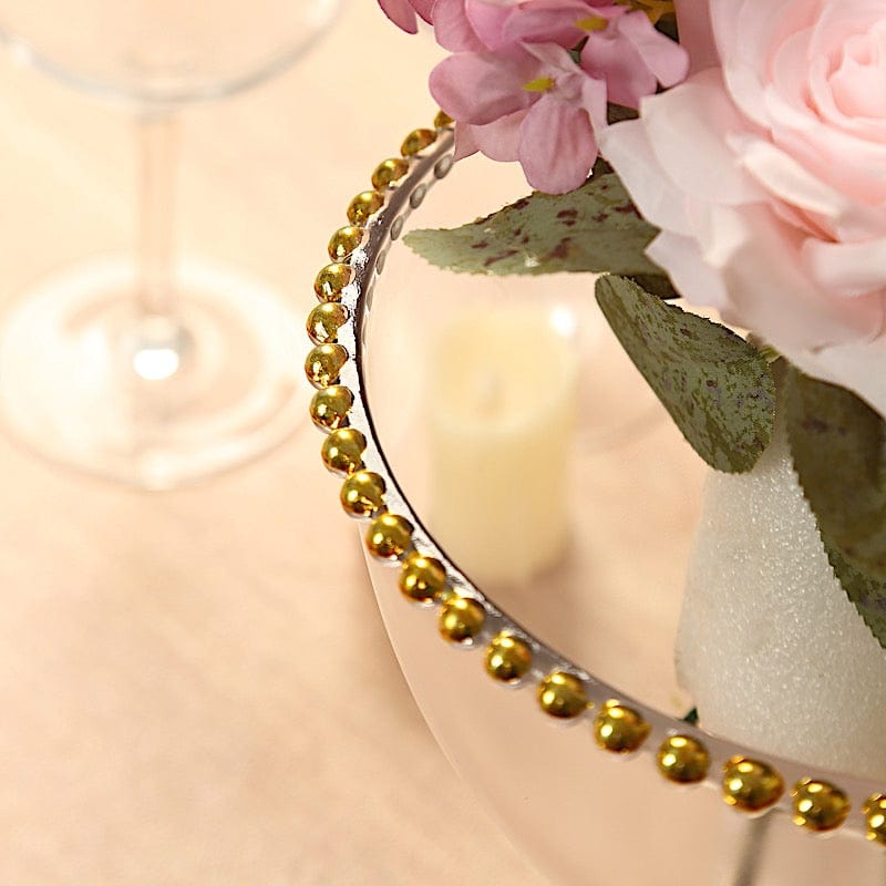 8" Pedestal Bowl Glass Flower Vase with Gold Beaded Rim - Clear VASE_PB4239_8_CLGD