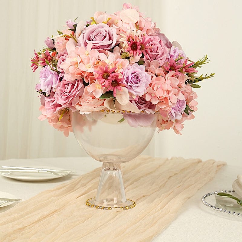 8" Pedestal Bowl Glass Flower Vase with Gold Beaded Rim - Clear VASE_PB4239_8_CLGD