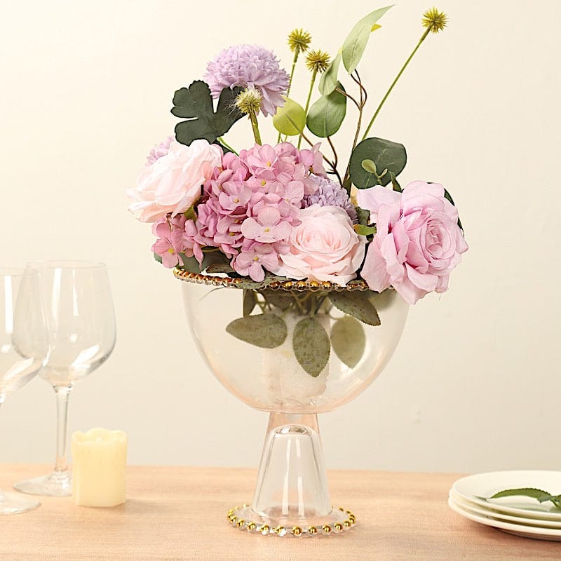 8" Pedestal Bowl Glass Flower Vase with Gold Beaded Rim - Clear VASE_PB4239_8_CLGD