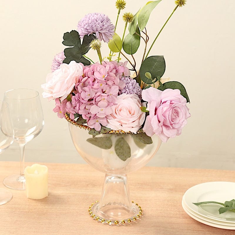 8" Pedestal Bowl Glass Flower Vase with Gold Beaded Rim - Clear VASE_PB4239_8_CLGD