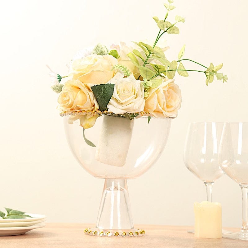 8" Pedestal Bowl Glass Flower Vase with Gold Beaded Rim - Clear VASE_PB4239_8_CLGD