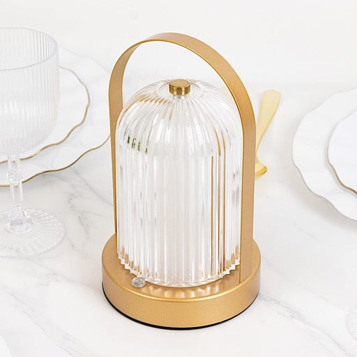 8" Rechargeable Cordless Table Lamp with Ribbed Acrylic Shade and Metal Base - Clear and Gold LED_MET_LAMP03_GOLD