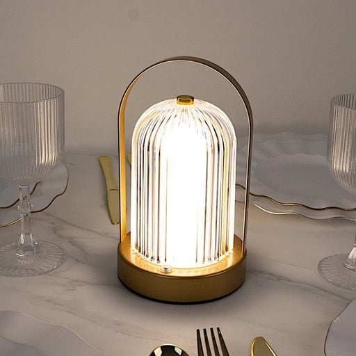 8" Rechargeable Cordless Table Lamp with Ribbed Acrylic Shade and Metal Base - Clear and Gold LED_MET_LAMP03_GOLD