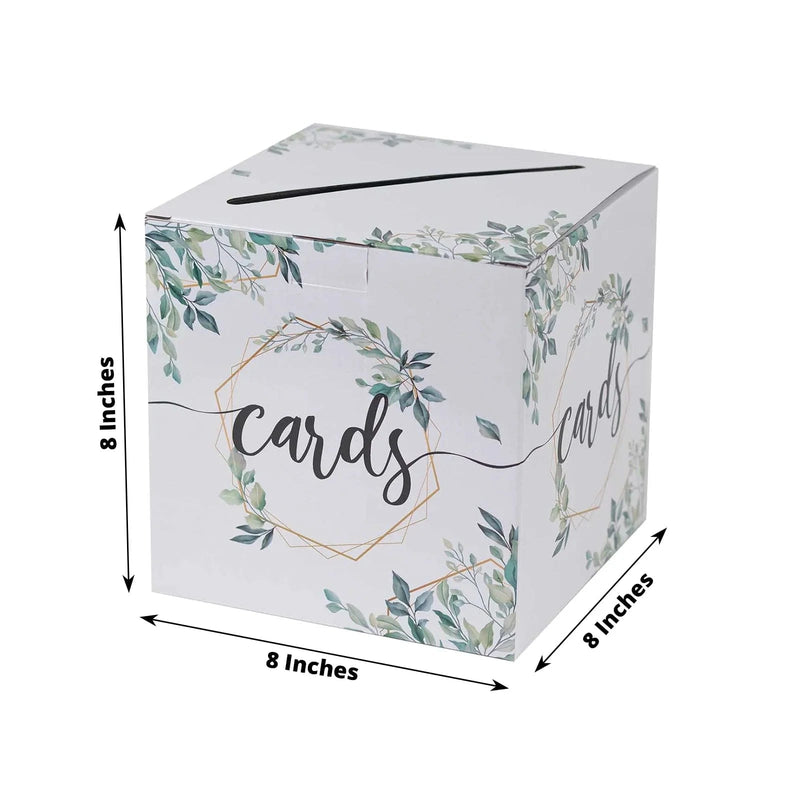 8" x 8" Greenery Theme Money Card Box with Geometric Foil Print - White and Gold WED_RCPT_SIGN_CARB01_GRN