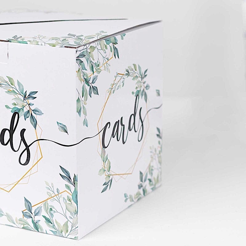 8" x 8" Greenery Theme Money Card Box with Geometric Foil Print - White and Gold WED_RCPT_SIGN_CARB01_GRN