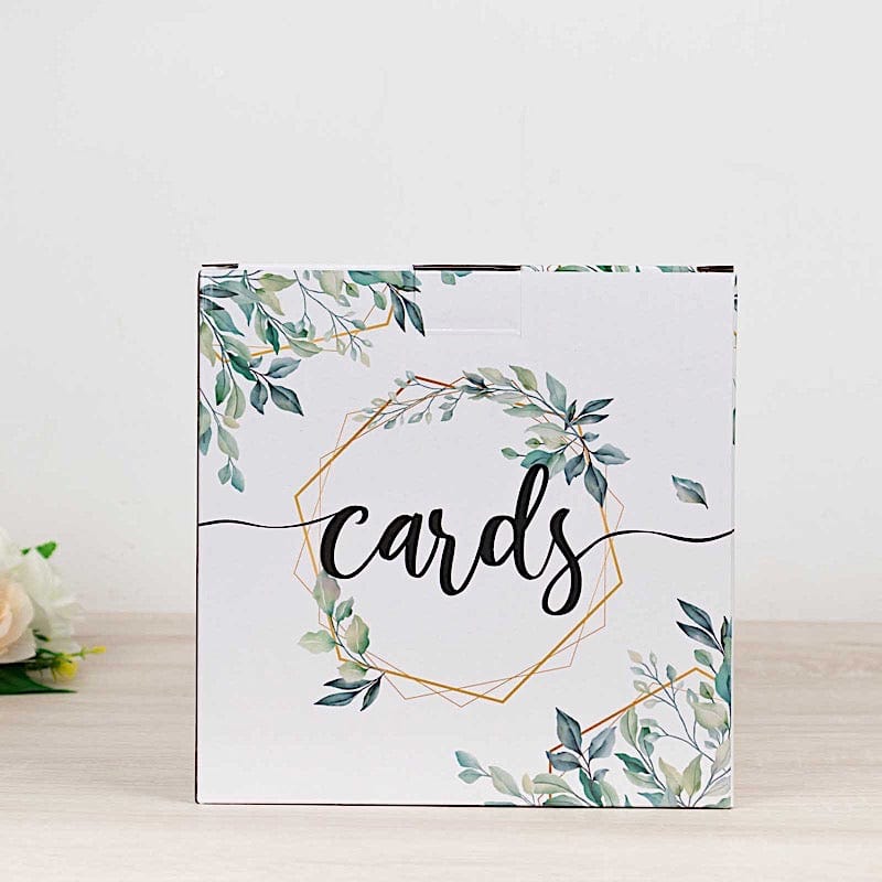 8" x 8" Greenery Theme Money Card Box with Geometric Foil Print - White and Gold WED_RCPT_SIGN_CARB01_GRN