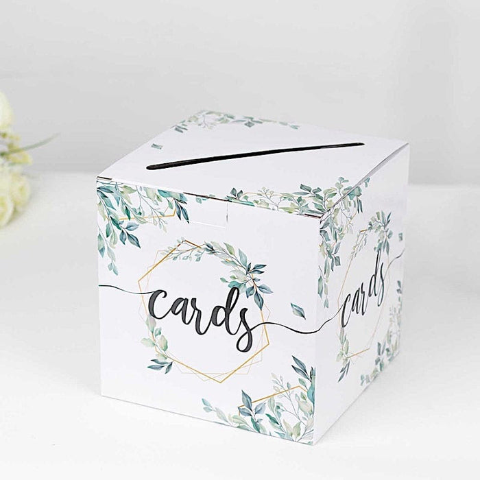 8" x 8" Greenery Theme Money Card Box with Geometric Foil Print - White and Gold WED_RCPT_SIGN_CARB01_GRN