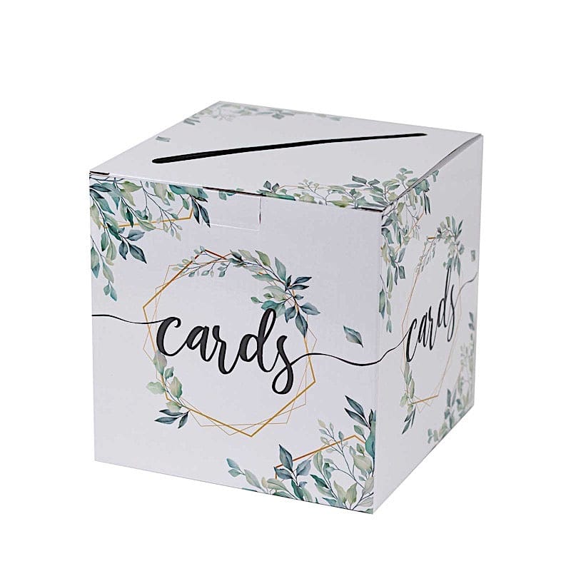 8" x 8" Greenery Theme Money Card Box with Geometric Foil Print - White and Gold WED_RCPT_SIGN_CARB01_GRN