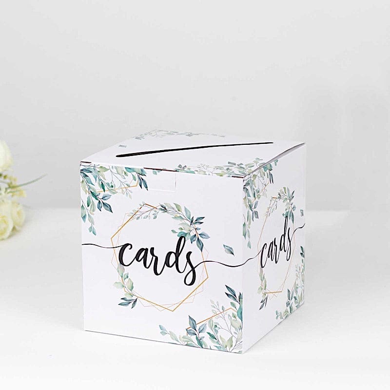 8" x 8" Greenery Theme Money Card Box with Geometric Foil Print - White and Gold WED_RCPT_SIGN_CARB01_GRN